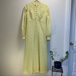 Vintage yellow 70’s bridesmaids handmade dress with lace vest